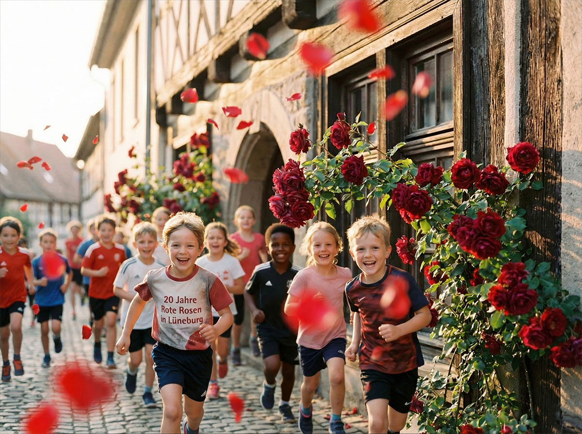 Rote Rosen an Lüneburger Fachwerk