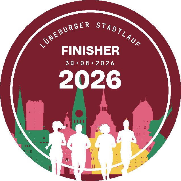 Finisher-Medaille Lüneburger Stadtlauf 2026: Emblem mit Lüneburger Skyline, Läufer:innen und Altem Kran